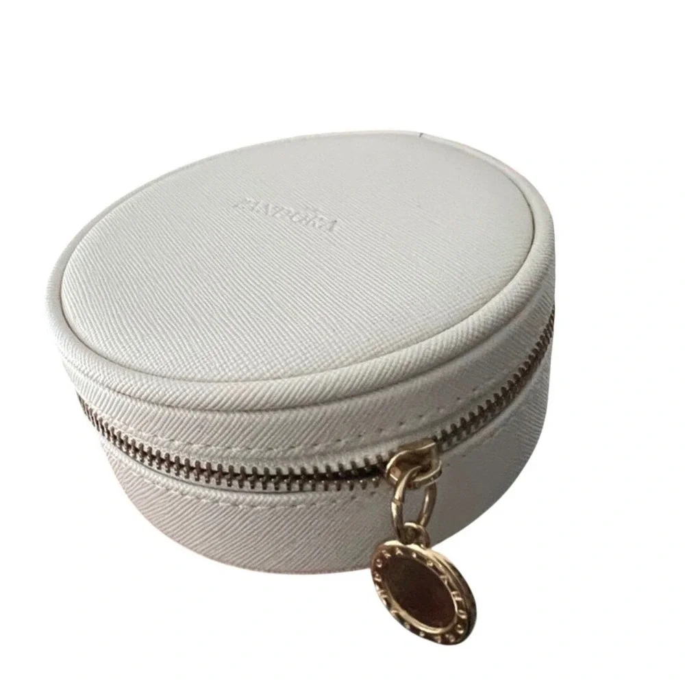Pandora Small Round Travel Jewelry Case White Saffiano Gold Zip Organizer